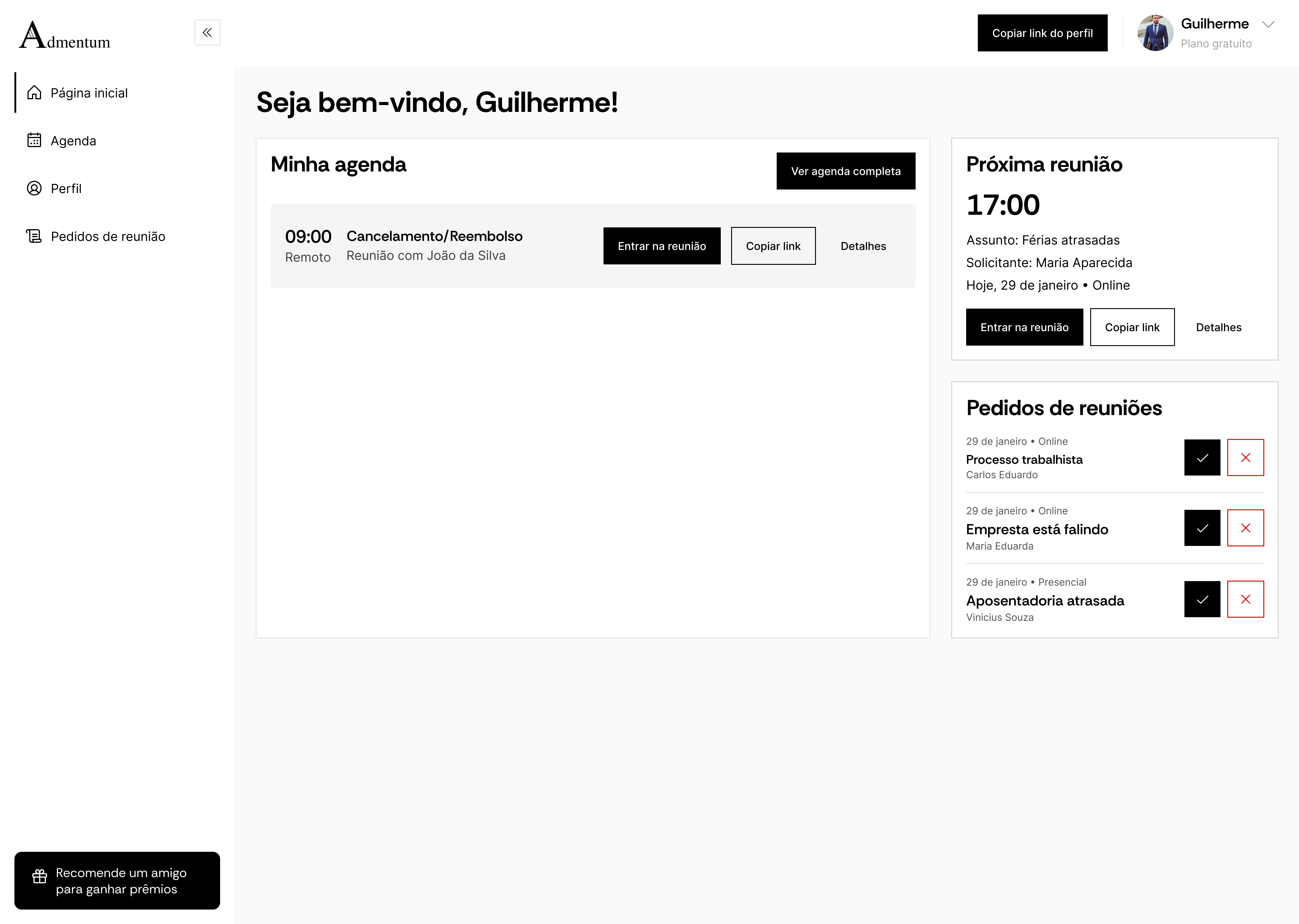 Tela inicial do Admentum no navegador
